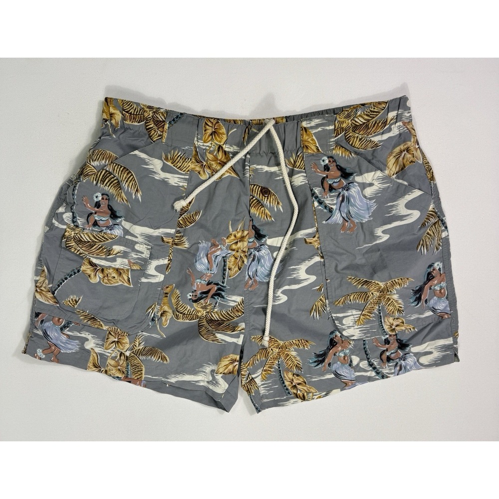 Tommy Bahama Men XL Grey Floral Lined Hawaiian Swim Trunks Island Hula Girl